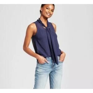 Women's A New Day Textured Chiffon Tie Neck Sleeveless Blouse Xavier Navy M